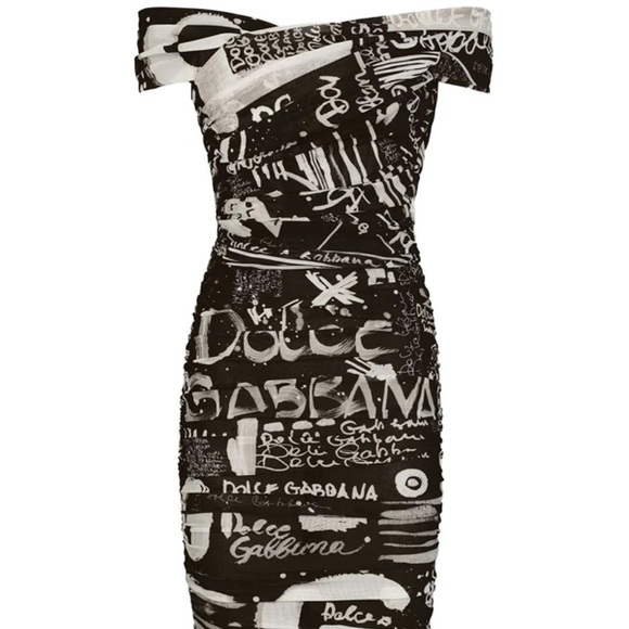 Dolce & Gabanna logo script draped off the shoulder midi dress - Picture 8 of 8